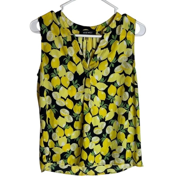 Nine West Tops - Nine West Womens Small Lemon Print Sleeveless V-Neck Blouse‎ Yellow Black Fruit